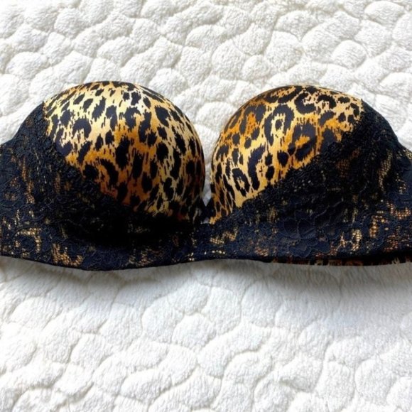 Like New Super PushUp Bra Padded Strapless Bombshell Miraculous Leopard Lace - Picture 2 of 6